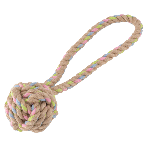 The Hemp Rope Ball is a toy made of natural hemp and recycled cotton. It is hardwearing and the fibres may help clean teeth whilst playing. The loop handle is suitable for throwing the toy and for tug of war games. Supervise your pet whilst playing and always replace worn or damaged toys.