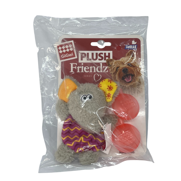 GiGwi Plush Friendz Elephant toys are great for playtime and for cuddling. Approximately 100mm in height. For small dogs. Contains changeable squeakers. Always supervise your pet whilst playing. Remove the toy if broken or damaged to avoid swallow hazards. Squeakers to be used only when placed inside the toy as illustrated on the pack.