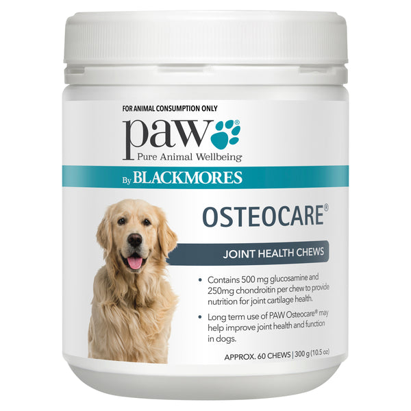 PAW Osteocare® Joint Health Chews 300g. PAW OsteoCare® chews are highly palatable kangaroo chews that contain glucosamine sulfate and chondroitin sulfate to provide everyday joint care and help to improve joint function in dogs.