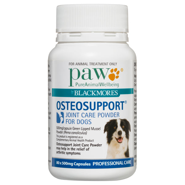PAW Osteosupport® for dogs is a highly concentrated green lipped mussel powder that is clinically proven to provide relief from arthritic symptoms in a measured capsule dose. 80's