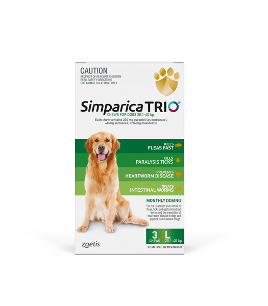 Simparica Trio Chews for large dogs 20.1-40kgs 3 pack provides 3 months of protection against fleas, ticks, heartworm, roundworm, hookworm and whipworm. This tasty liver chew given monthly helps keep dogs safe from parasite infestations. 