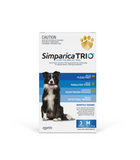 Simparica Trio Chews 3 pack for medium dogs 10.1-20kgs provides 3 months of protection against fleas, ticks, heartworm, roundworm, hookworm and whipworm. This tasty liver chew given monthly helps keep dogs safe from parasite infestations. 