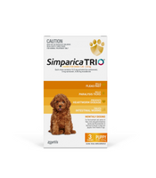 Simparica Trio Chews for puppies 2.6-5kgs 3 pack provides 3 months protection against fleas, ticks, heartworm, roundworm, hookworm and whipworm. This tasty liver chew given monthly helps keep pets protected against parasite infestations. Can be used in puppies 8 weeks of age weeks of age and older.