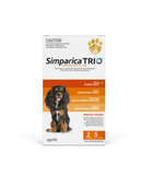 Simparica Trio Chews 3 pack for small dogs 5.1-10kgs provides 3 months protection against fleas, ticks, heartworm, roundworm, hookworm and whipworm. This tasty liver chew given monthly helps keep dogs safe from parasite infestations.
